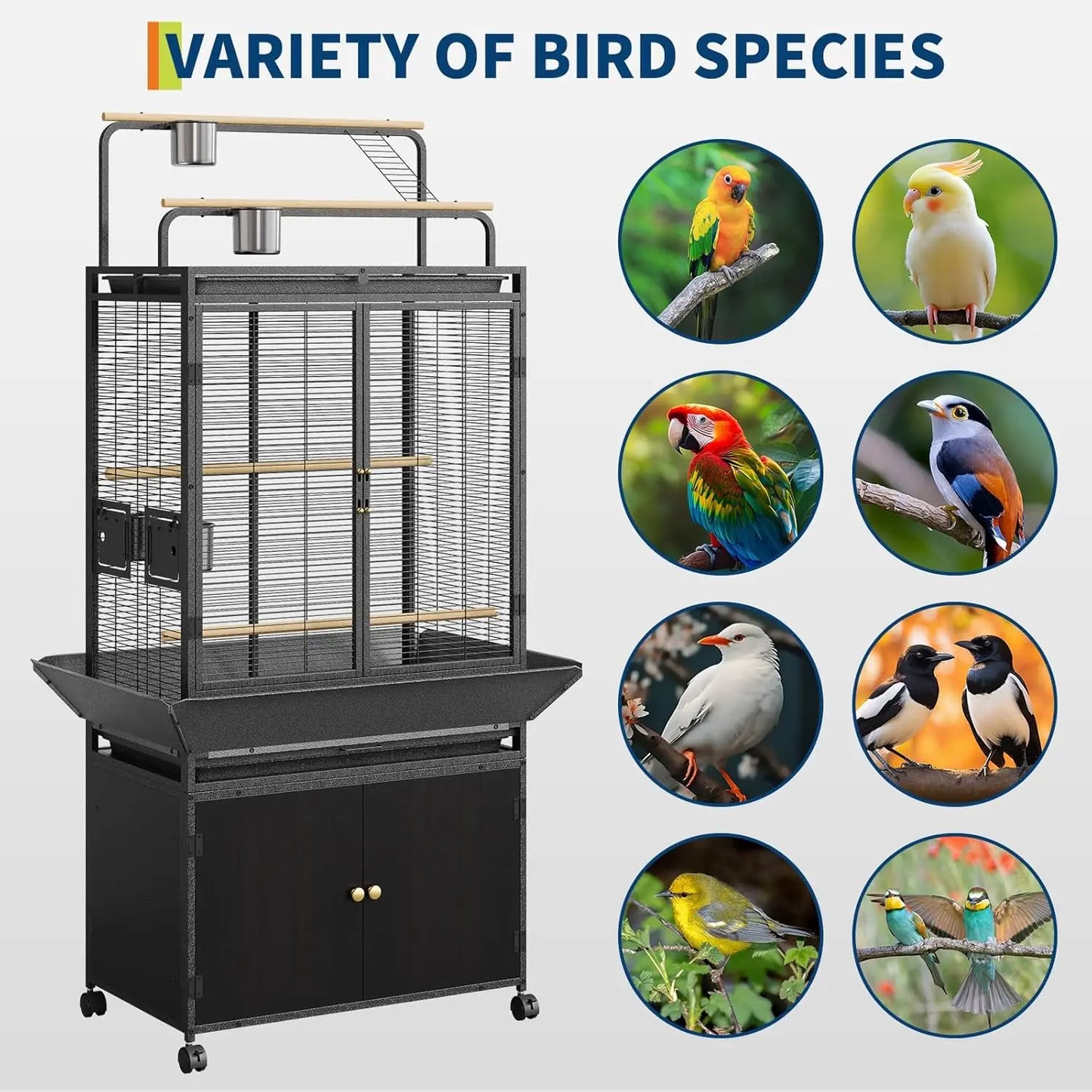 HiMISS Large Bird Cage With Rolling Stand And Storage