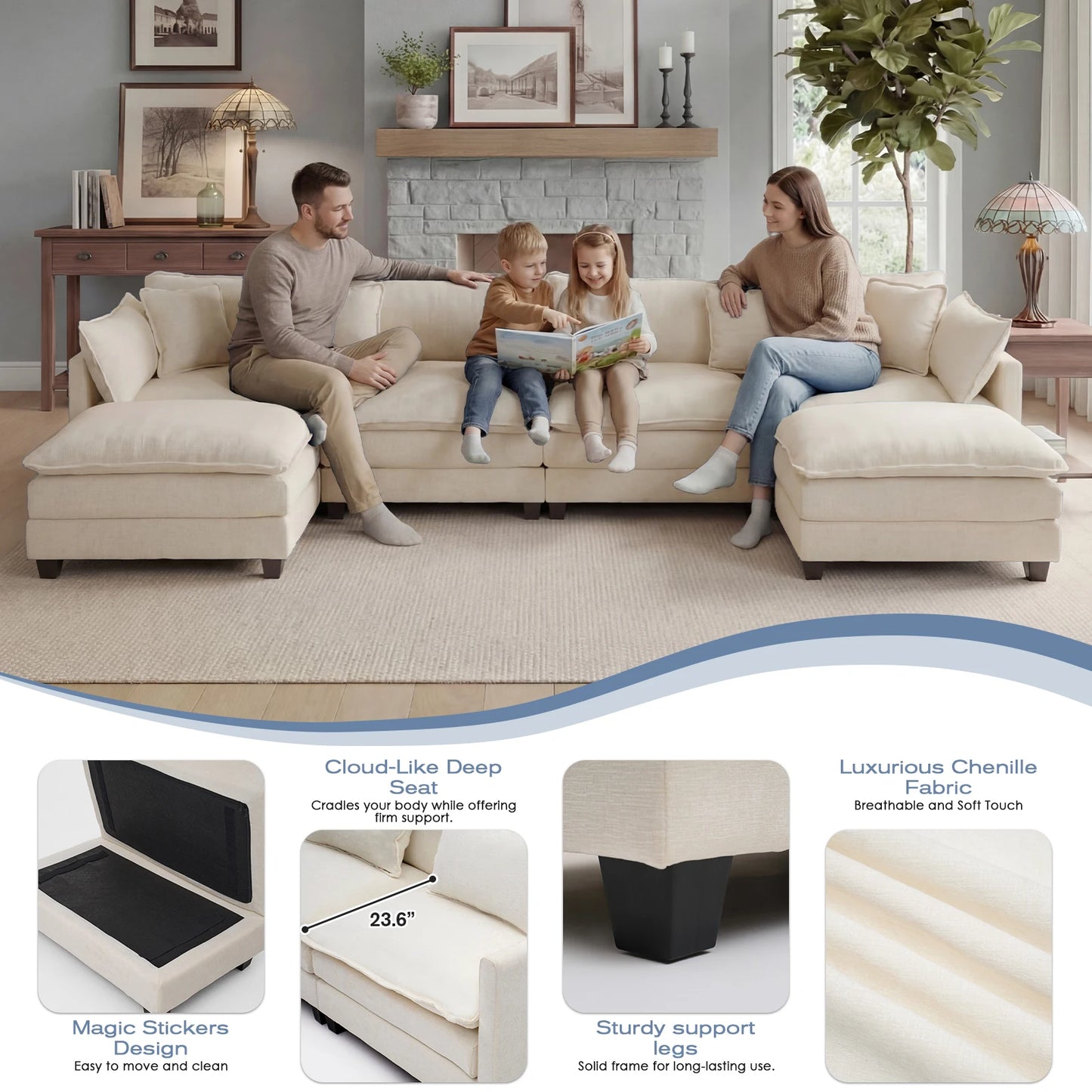 Redlife Modular Sectional Sofa With Ottoman And Wood Frame