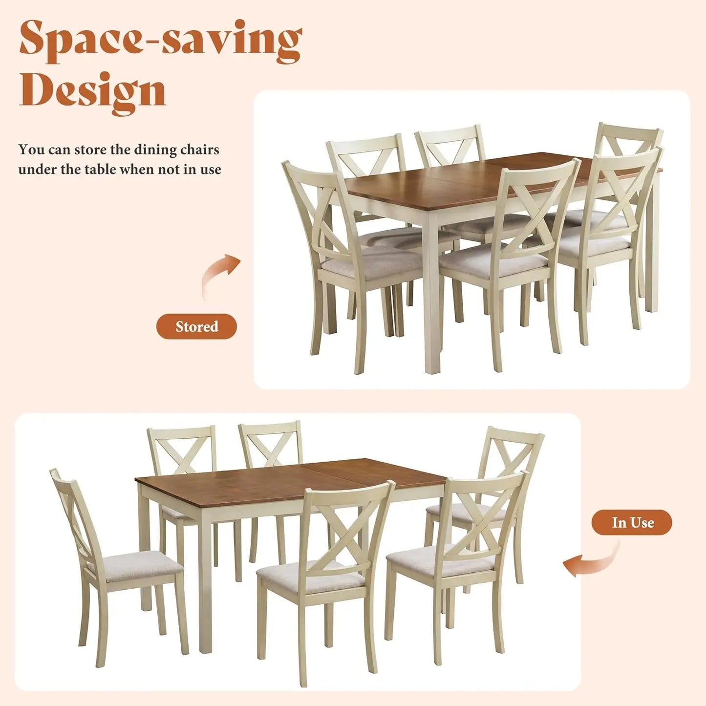 Farmhouse Solid Wood Dining Table Set With Upholstered Chairs