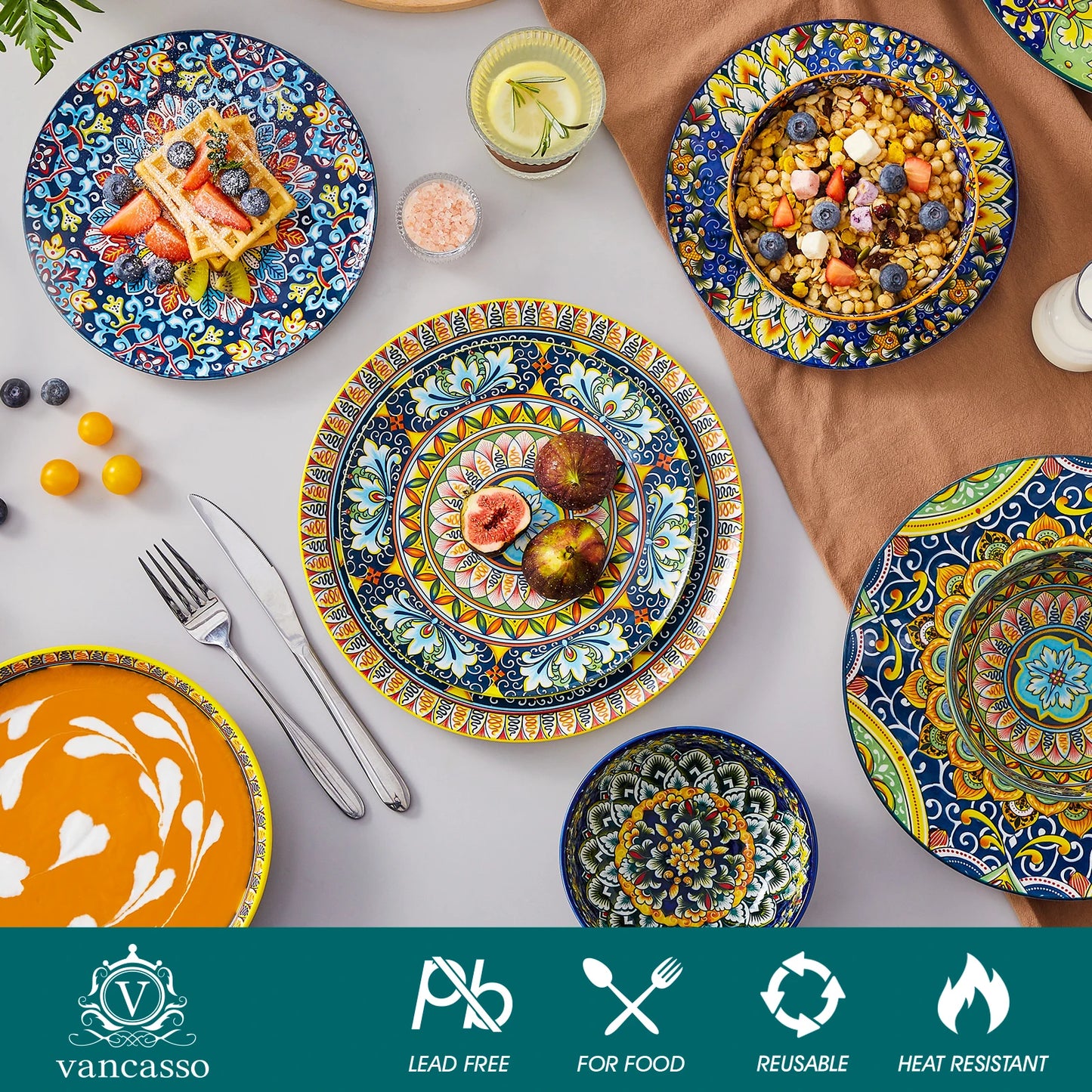 MALACASA Bohemian Style Porcelain Dinnerware Set 24 Piece