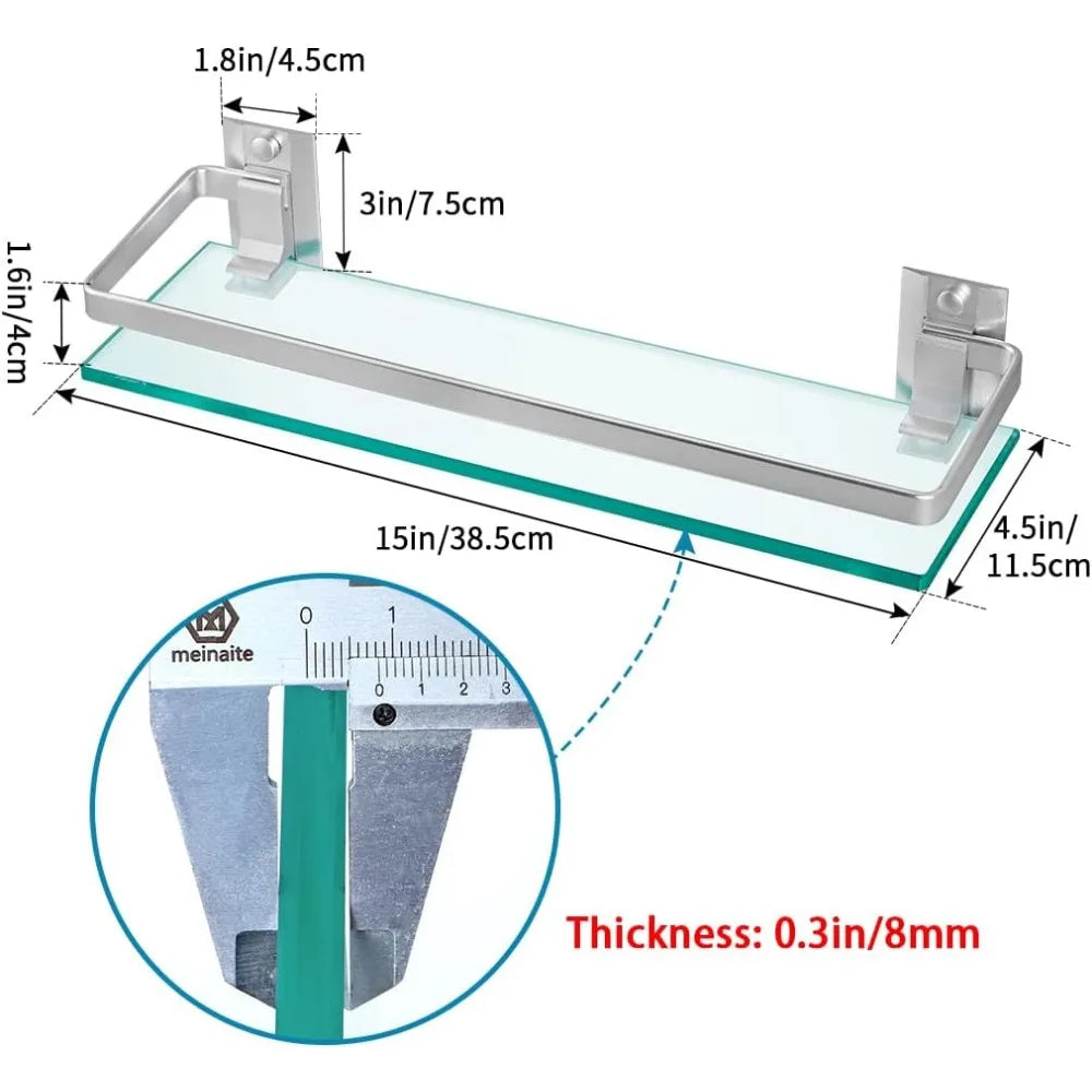 2-Pack Tempered Glass Bathroom Shelf With Rail Wall Mounted Shower Caddy