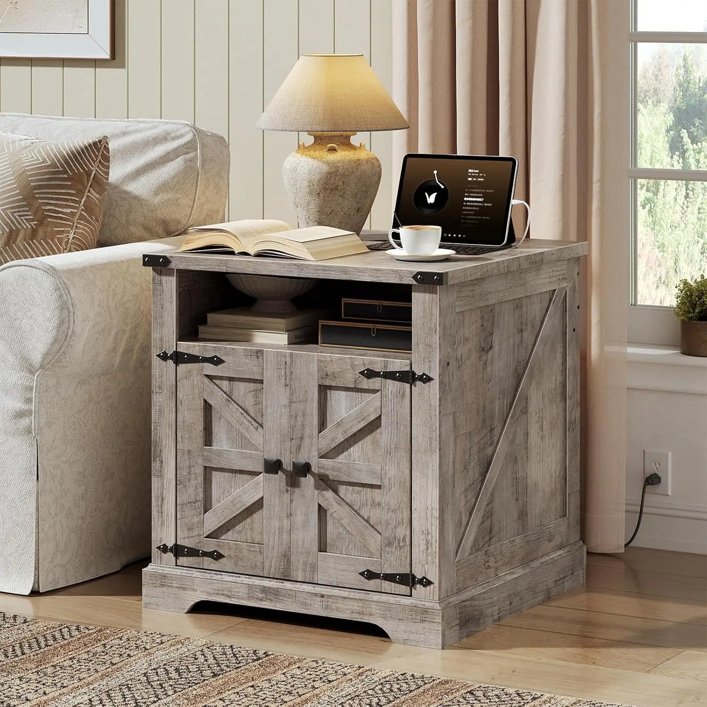 Farmhouse End Table With Charging Station For Living Room
