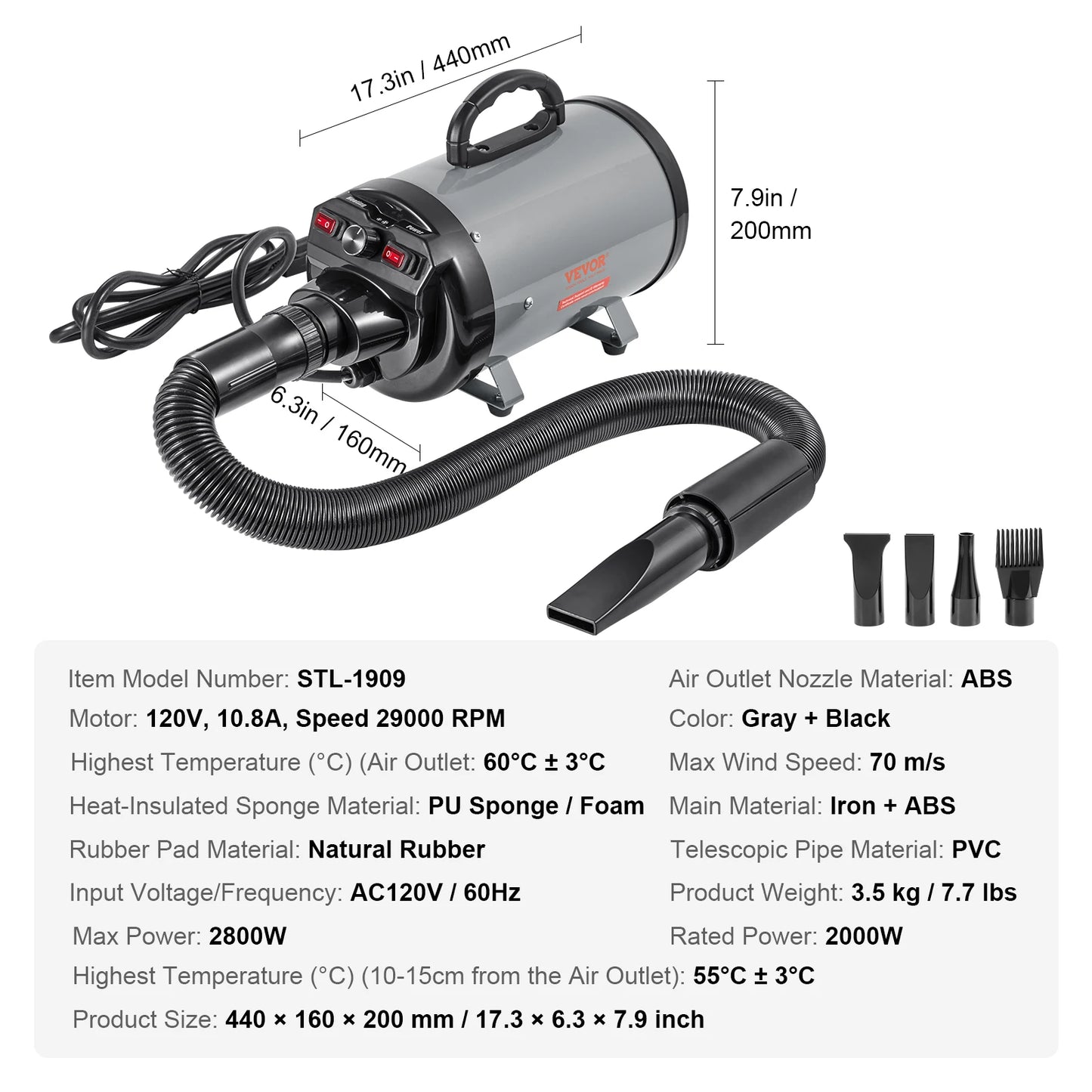 SucceBuy 2000W Dog Blow Dryer With Adjustable Temperature Control