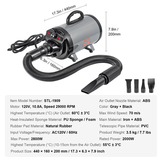 SucceBuy 2000W Dog Blow Dryer With Adjustable Temperature Control