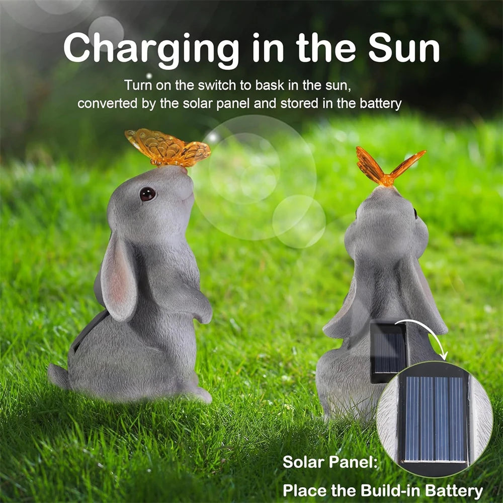 Solar Bunny Statue Garden Decor With Butterfly LED Light
