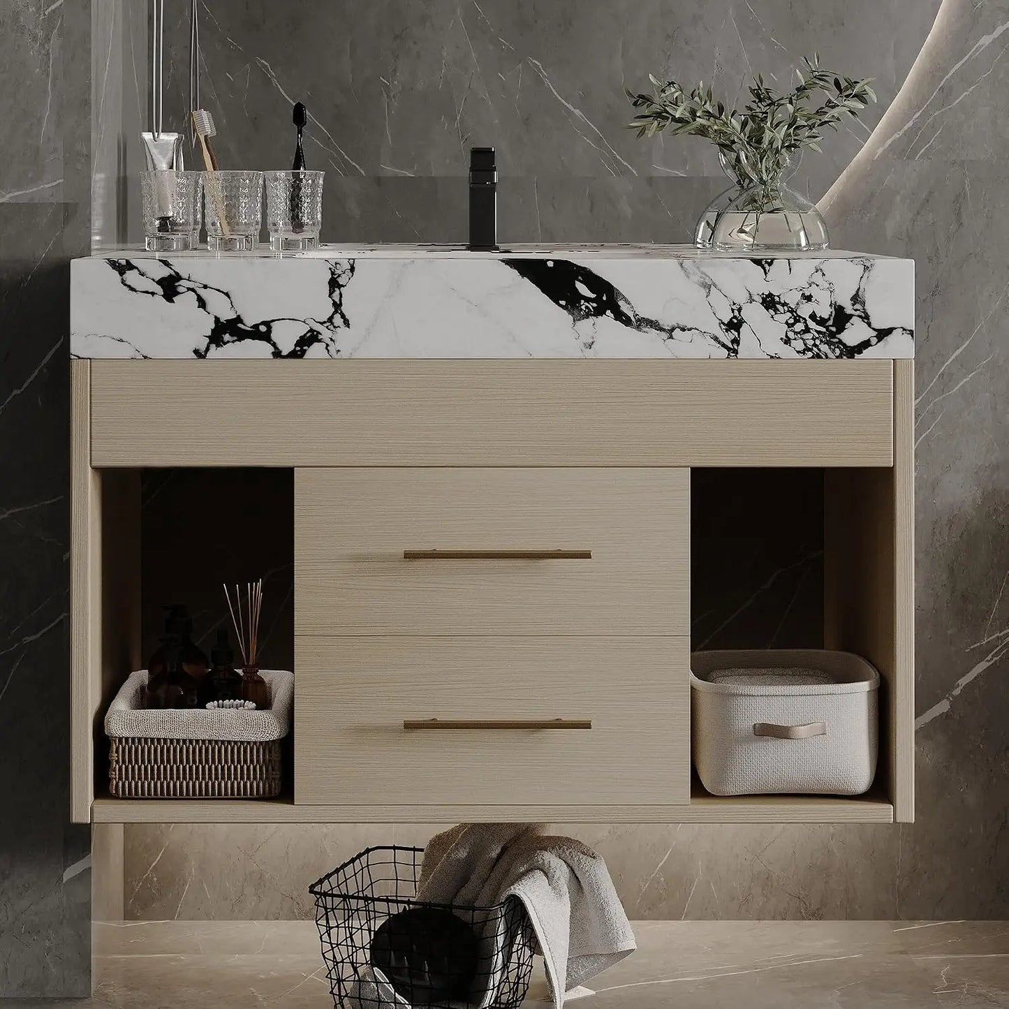 Custom Modern Freestanding Bathroom Vanity With Sink And Oval Vessel