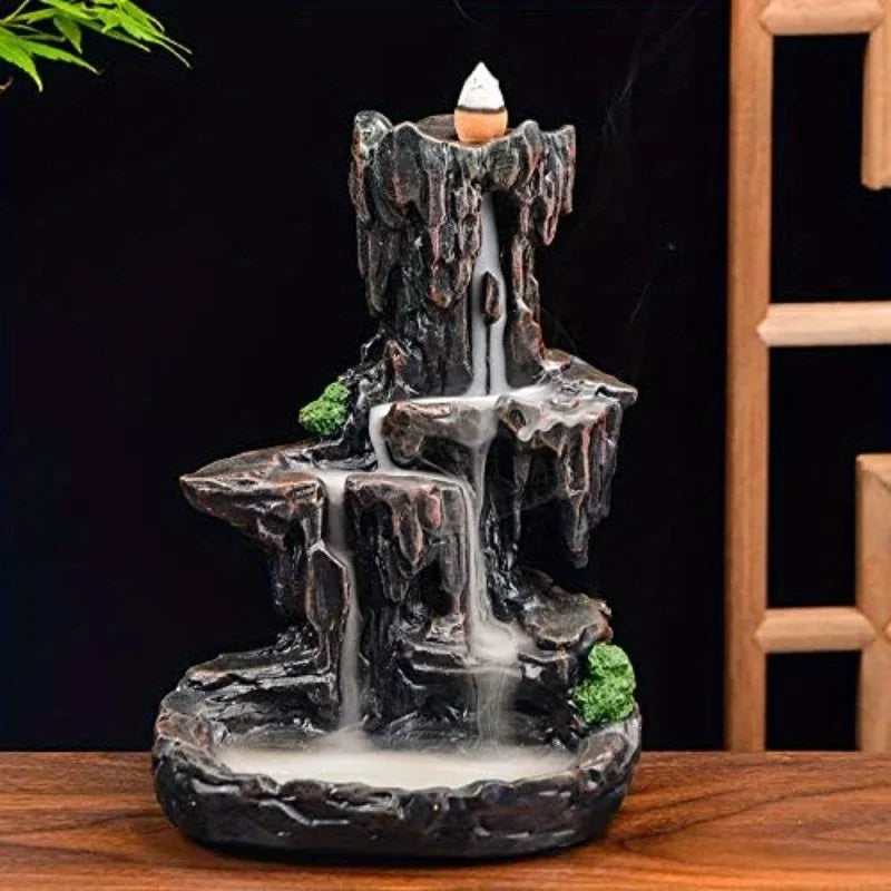 Waterfall Monk Incense Burner Mountain Tower for Home Office Yoga Aromatherapy