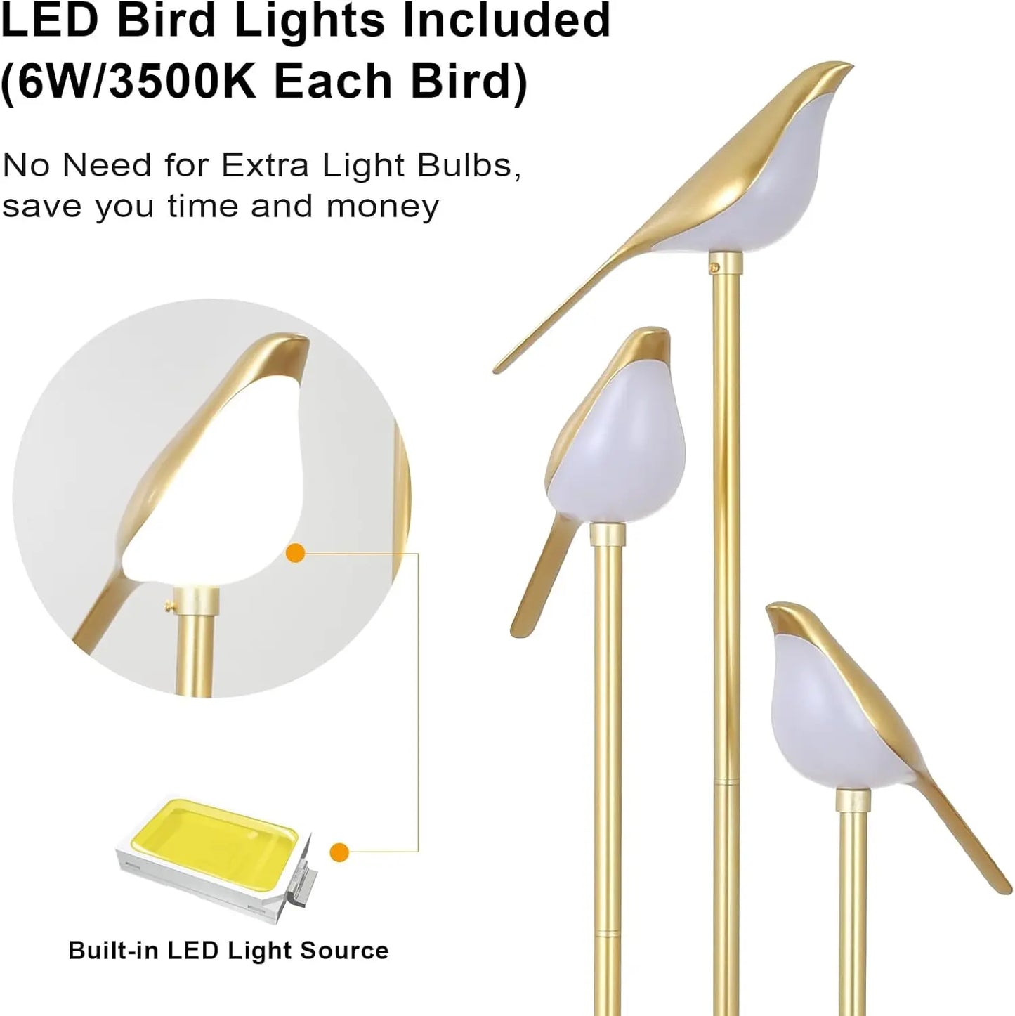 Modern Gold Floor Lamp With Adjustable LED Bird Lights