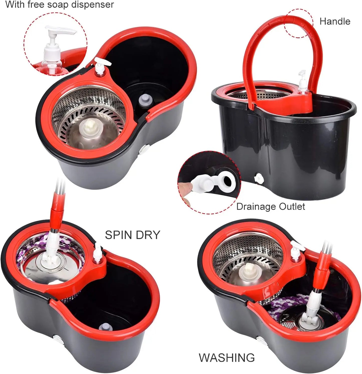 NONECN 360 Spin Mop Bucket With Wring System Microfiber Heads