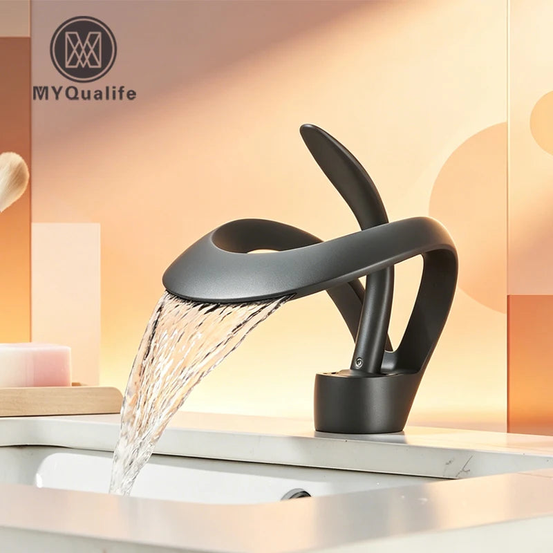 MYQualife Modern Vanity Faucet With Curved Waterfall Spout