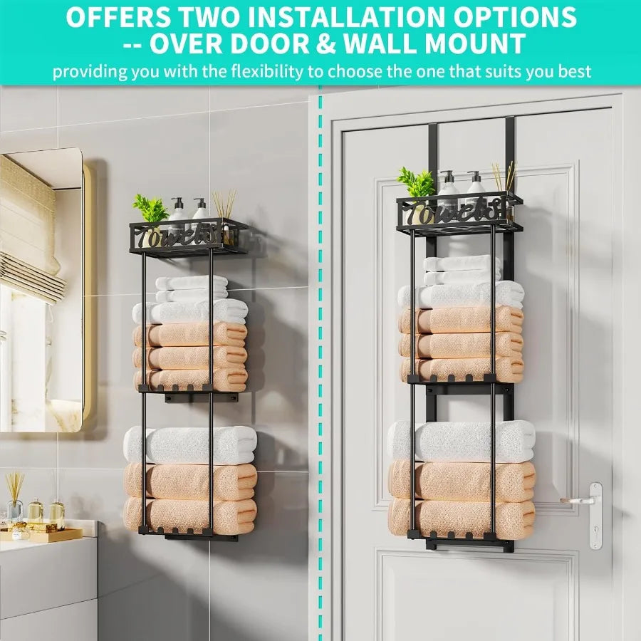 XIUWO 3 Tier Towel Rack Over Door Wall Mount Organizer