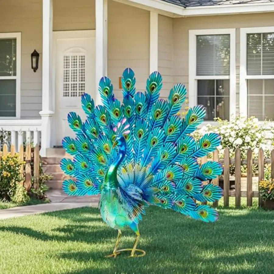 Metal Peacock Garden Statue With Tail Spread Handmade 3D Textured