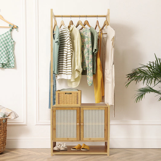 Free-Standing Bamboo Clothes Rack With Cabinet And Shelves