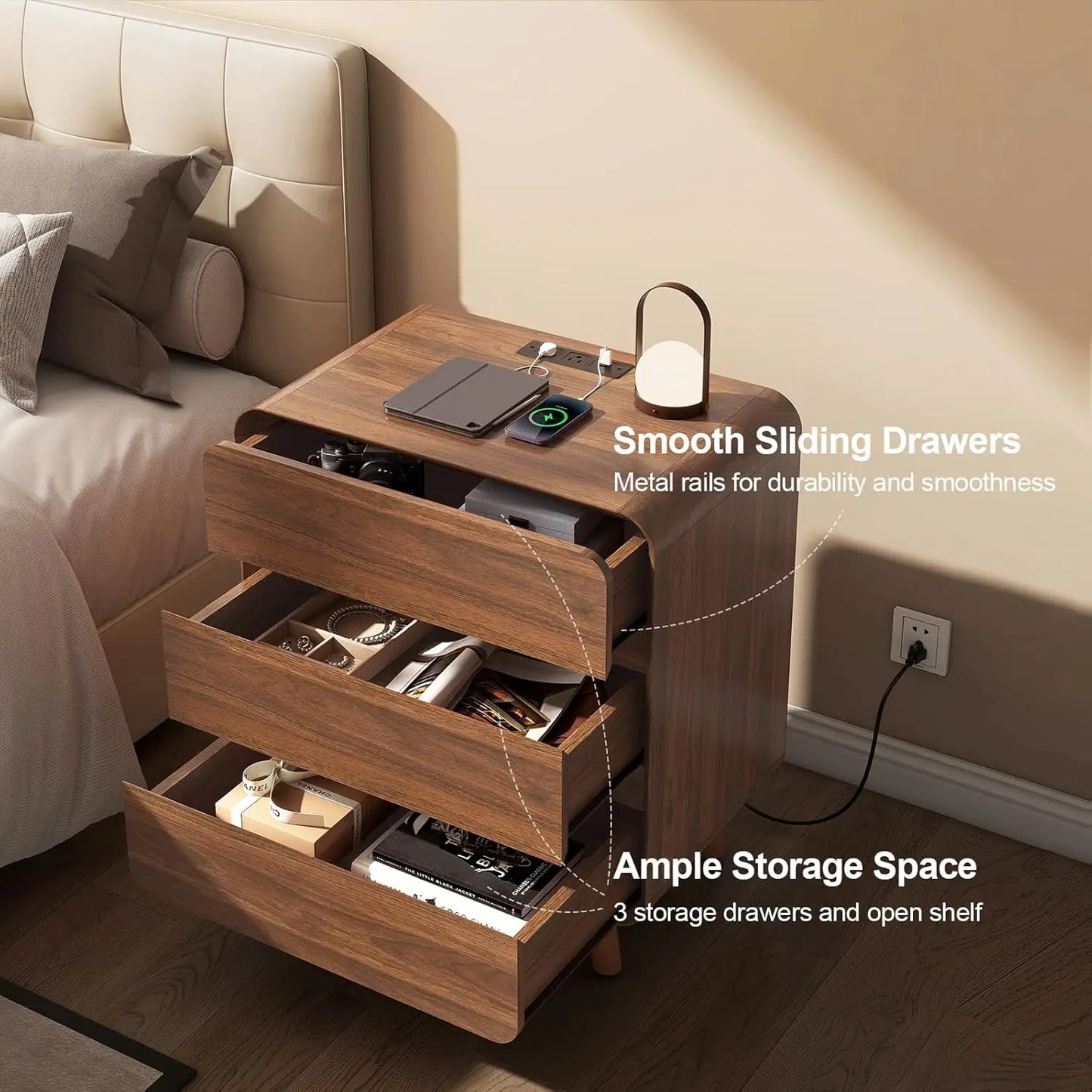 Mid Century Wooden Nightstands With Charger Station Set Of 2