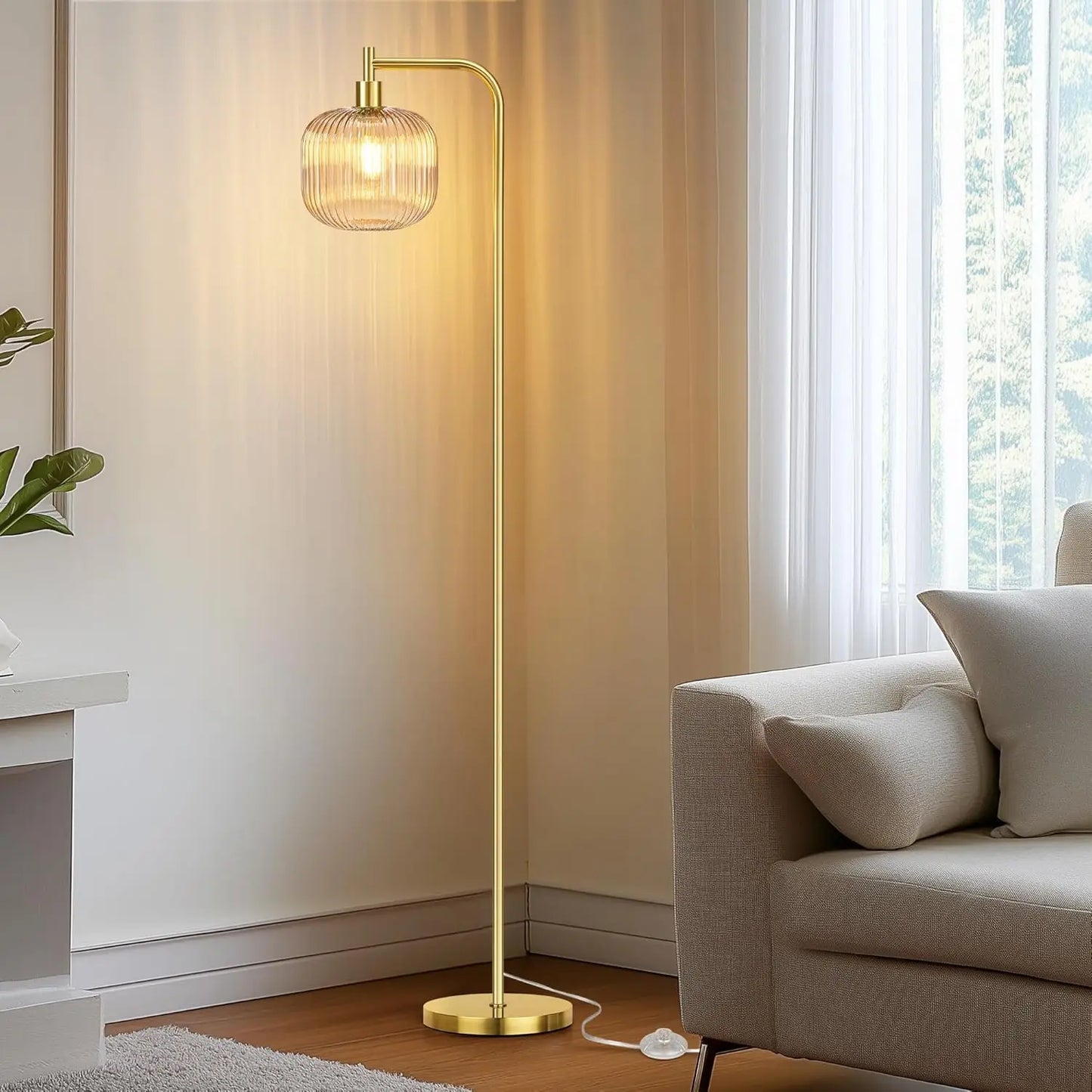 Modern Glass Floor Lamp with Ribbed Champagne Shade, Brushed Gold Finish, 67" Tall for Living Room & Bedroom