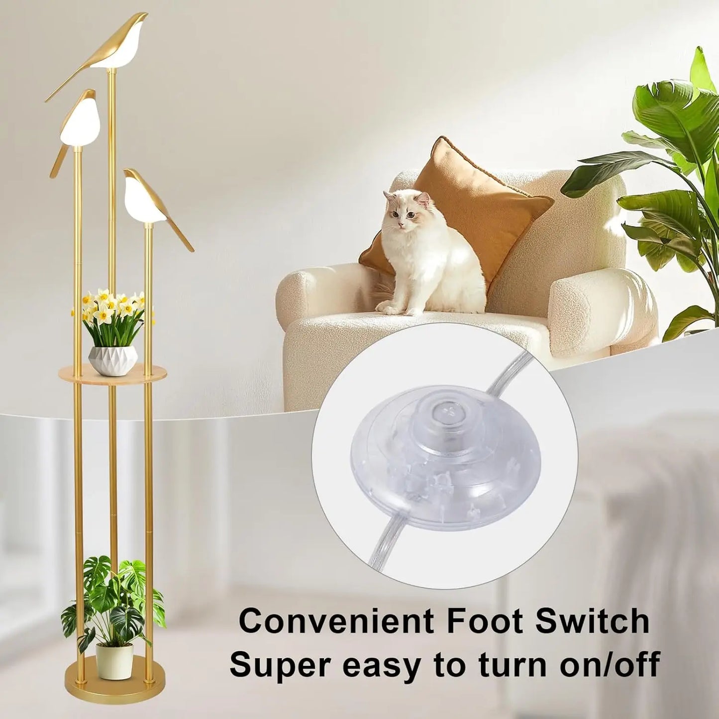 Modern Gold Floor Lamp With Adjustable LED Bird Lights