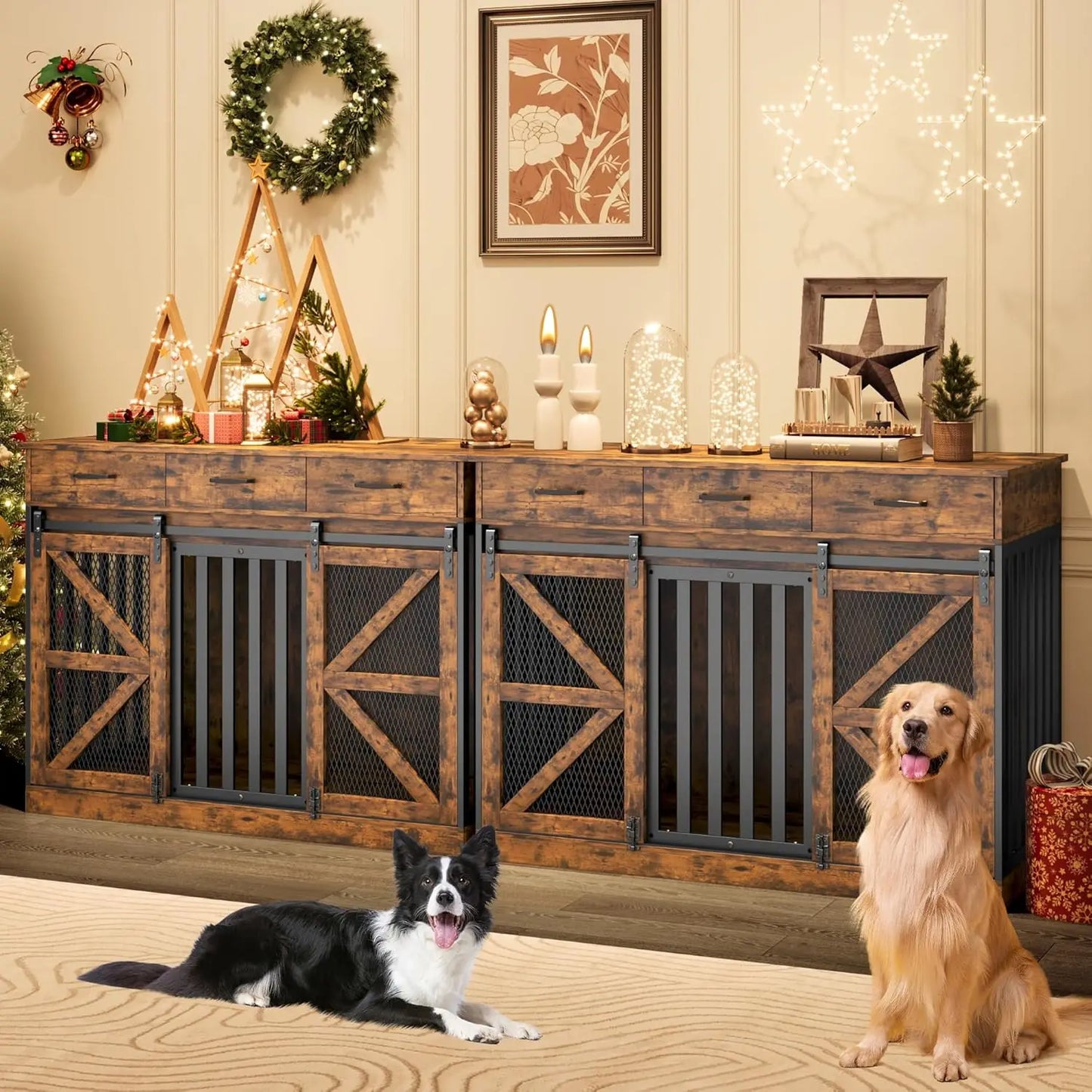 Kepptory 2-In-1 Convertible Wooden Dog Crate With Divider And 3-Drawer