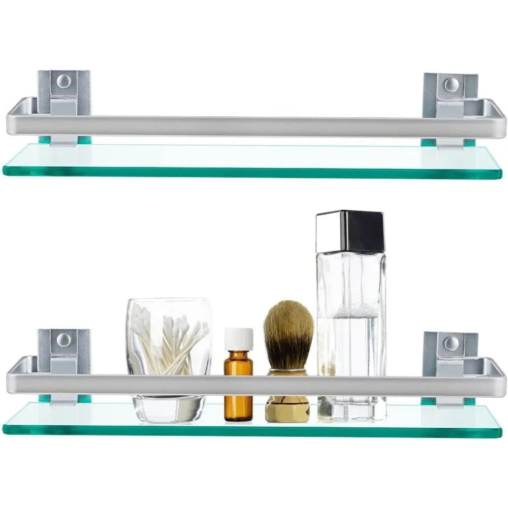 2-Pack Tempered Glass Bathroom Shelf With Rail Wall Mounted Shower Caddy