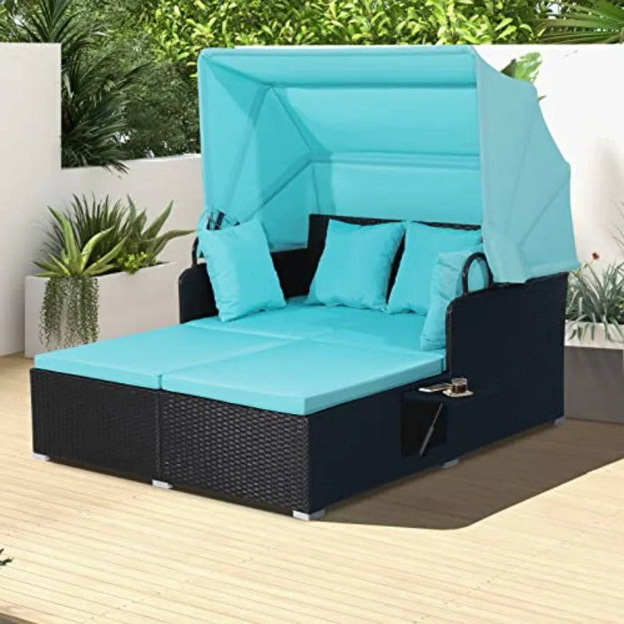 Outdoor Daybed With Retractable Canopy And Cushioned Pillows