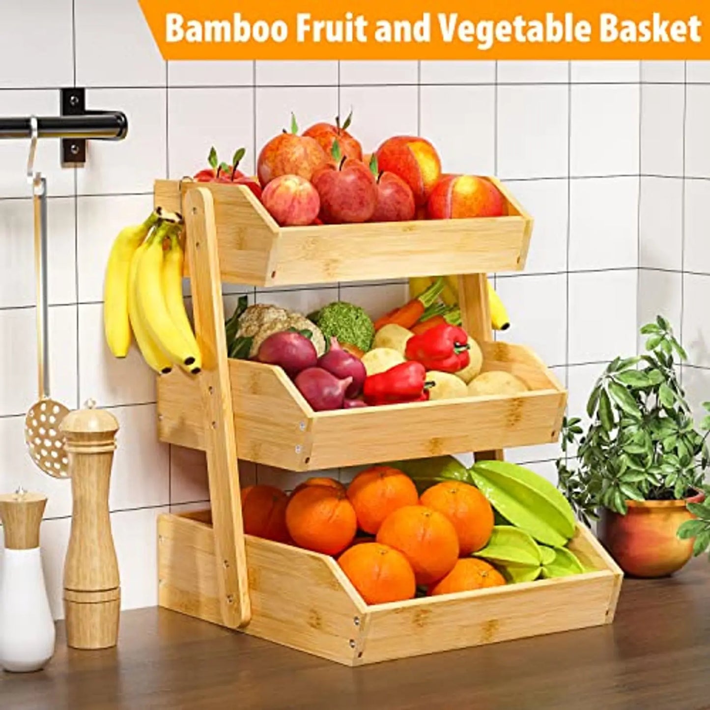 Bamboo 3-Tier Fruit Basket With Banana Hangers For Kitchen
