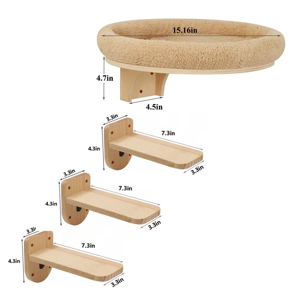 Cat Wall Mounted Solid Wooden Climbing Ladder Hammock Scratching Post