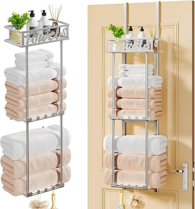 XIUWO 3 Tier Towel Rack Over Door Wall Mount Organizer