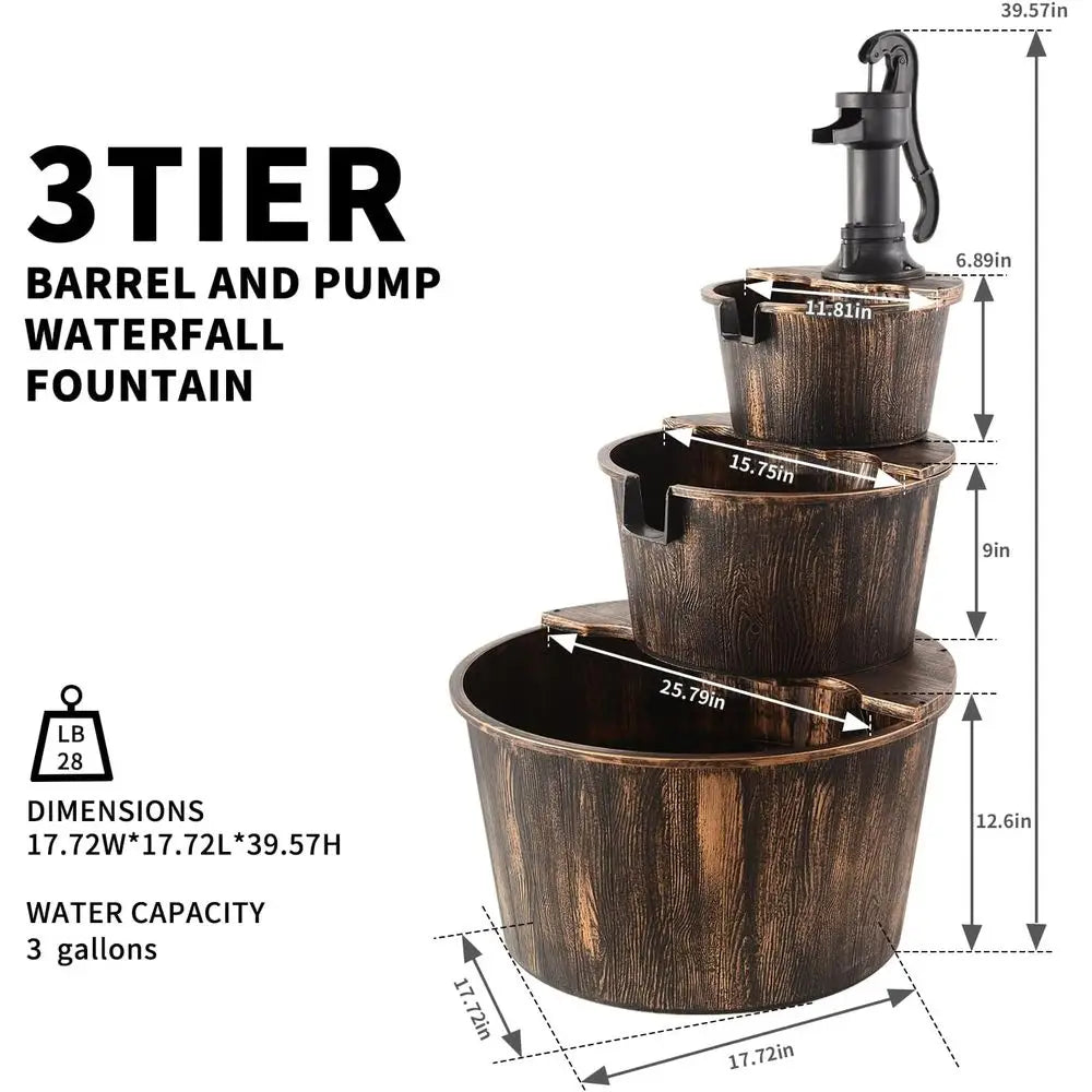 40-Inch 3 Tier Barrel Waterall ountain Outdoor Water ountains Barrel Wood 3-Tier reestanding Rustic Pump or Garden Patio Backyar