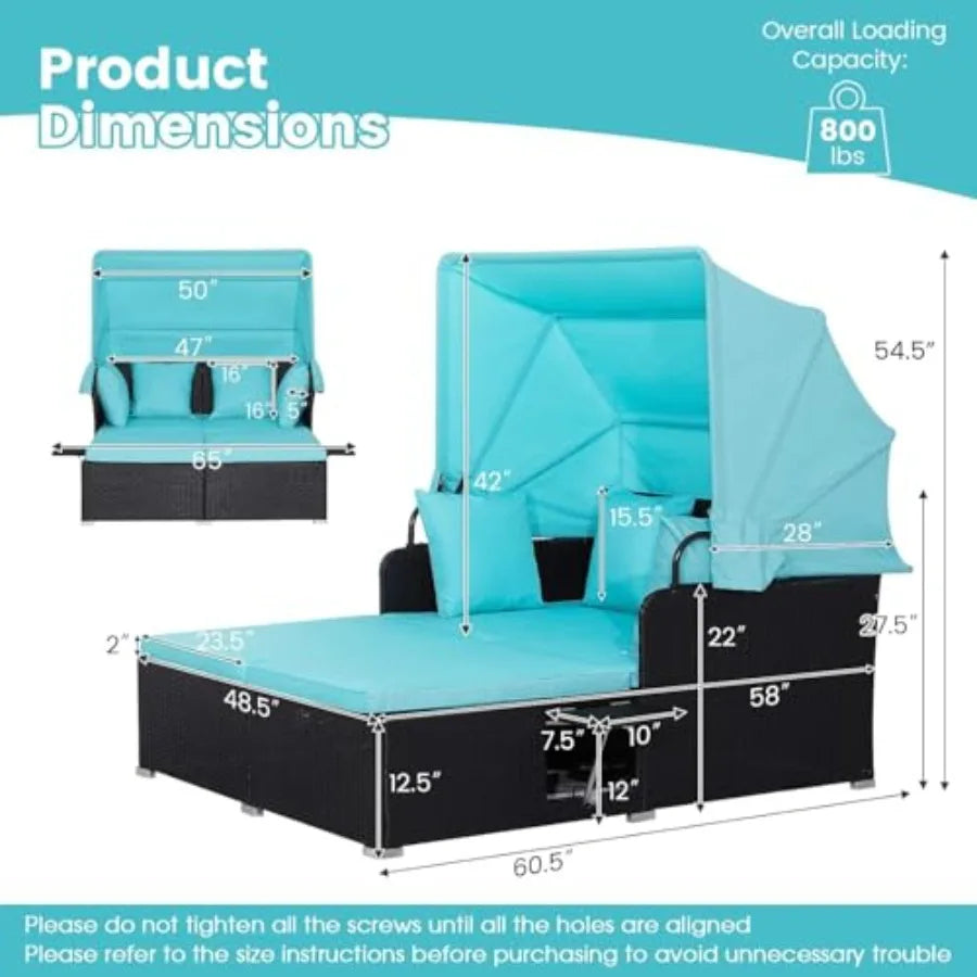 Outdoor Daybed With Retractable Canopy And Cushioned Pillows