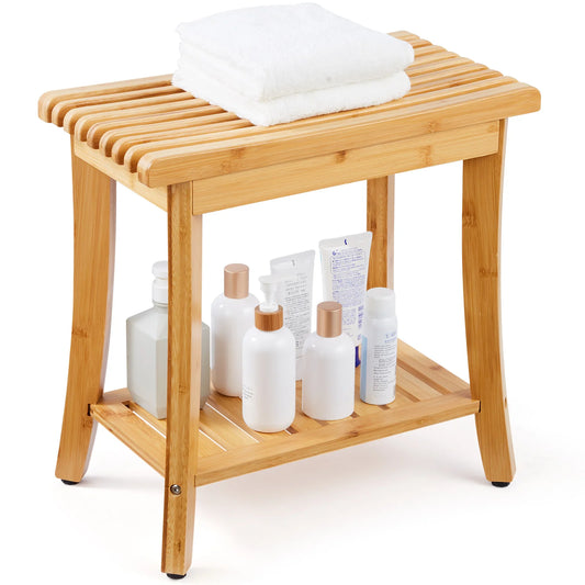 SucceBuy Bamboo Shower Bench With Storage Shelf 330lbs Capacity