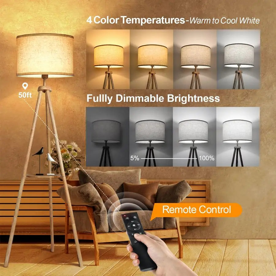 Wood Tripod Floor Lamp With Shelves Remote Control LED