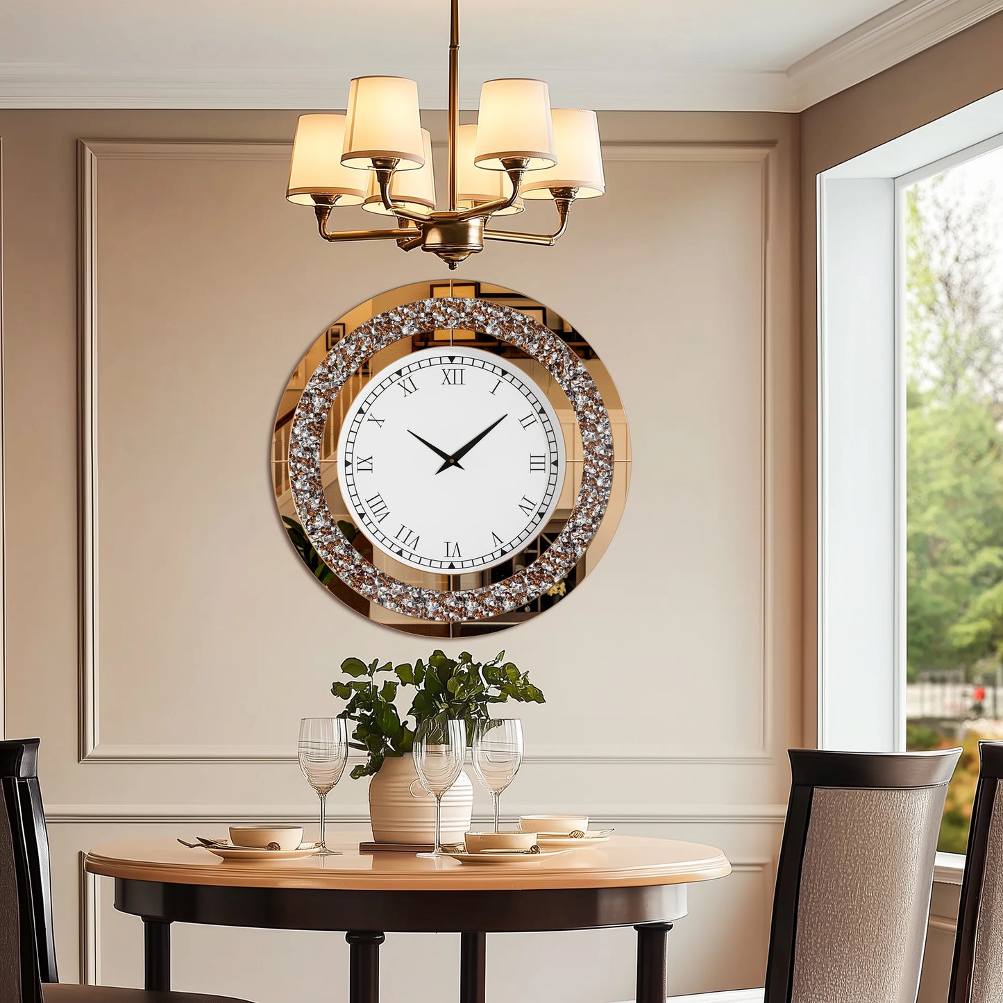 Round Mirror Clock With Crystal Sparkle Wall Decor