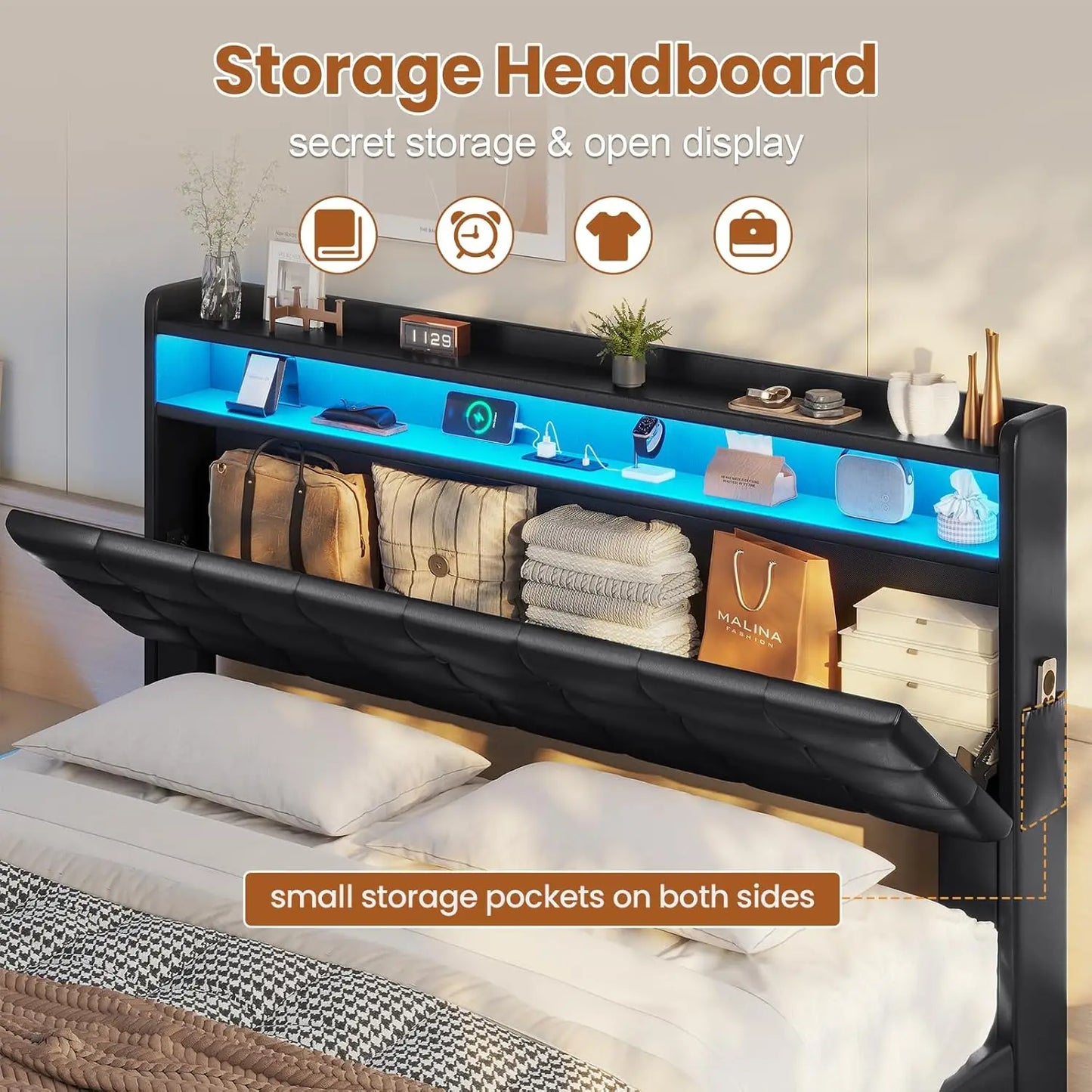Lift Up Storage Bed Frame With Hidden Headboard Type-C Charging