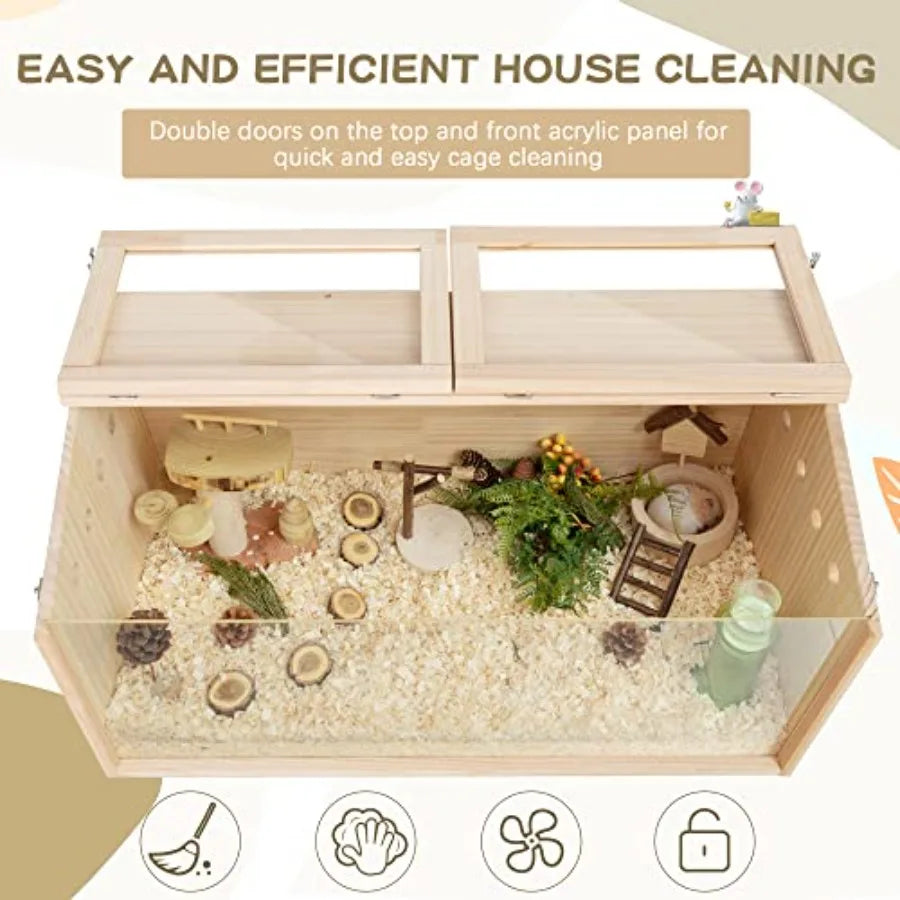 NONECN Wooden Guinea Pig Cage With Transparent Acrylic Panel For Small Animals