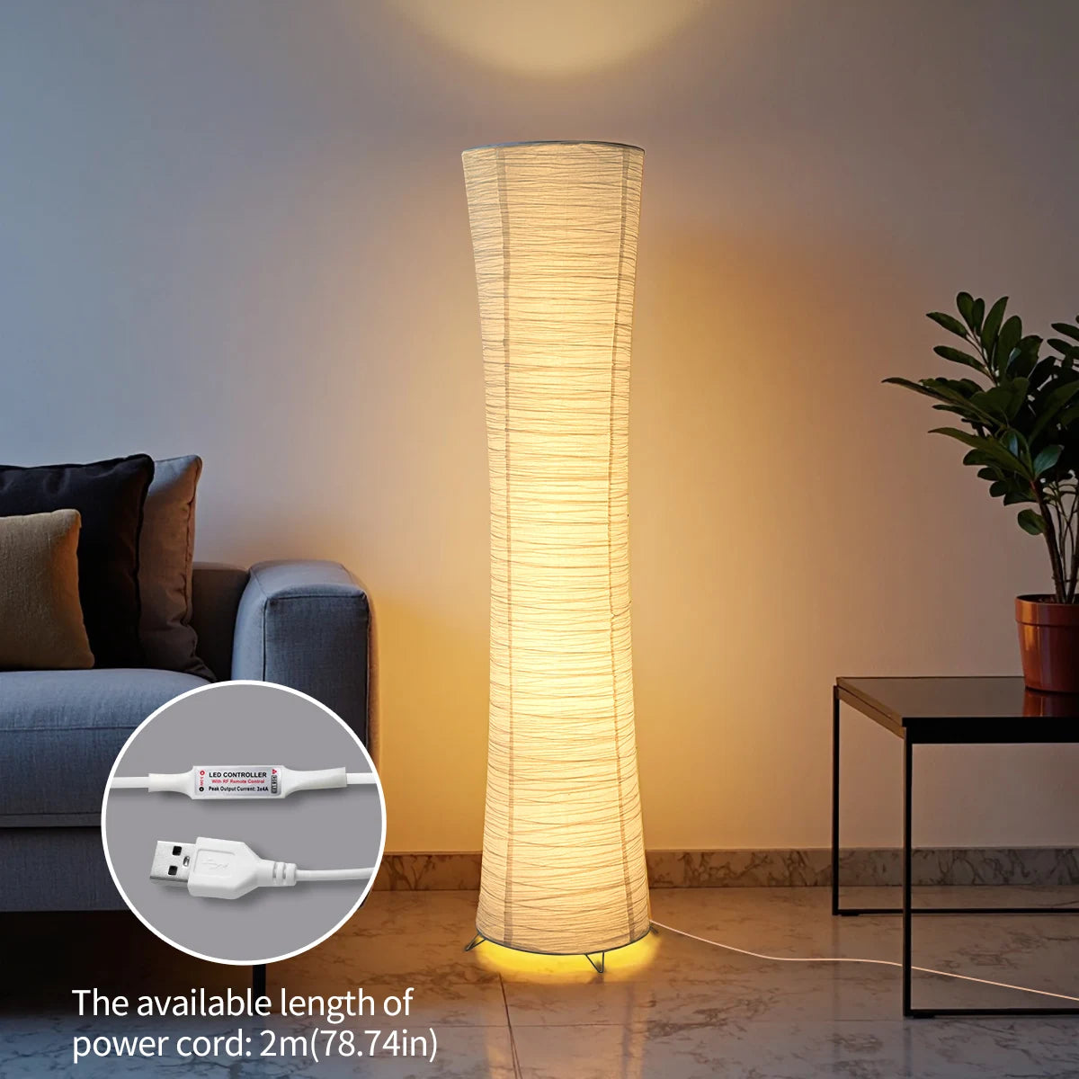 Paper Floor Lamp With Metallic Finish And LED Light Strip
