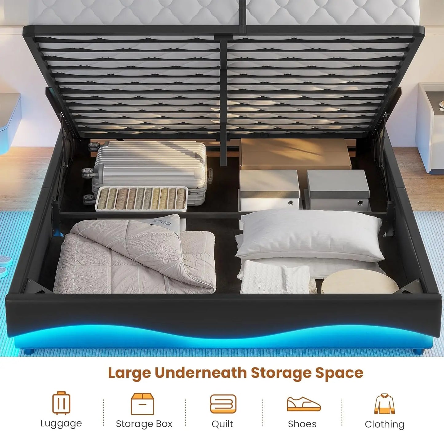 Lift Up Storage Bed Frame With Hidden Headboard Type-C Charging