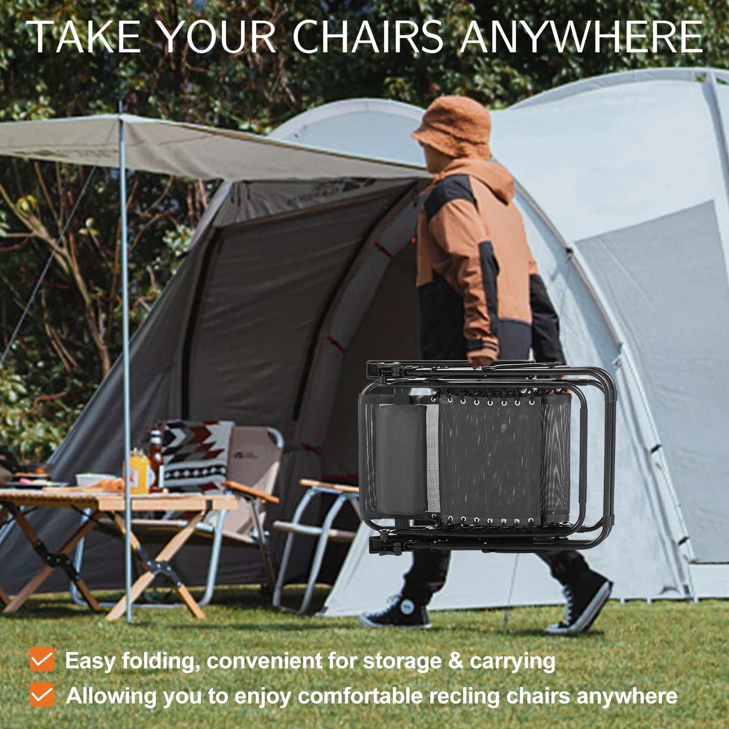 JHK Zero Gravity Set 2 Portable Recliners With Cup Holders