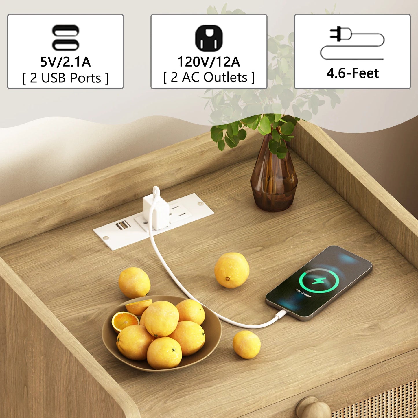 Rattan Nightstand With Charging Station And 2 Drawers, Rustic Bedside Table