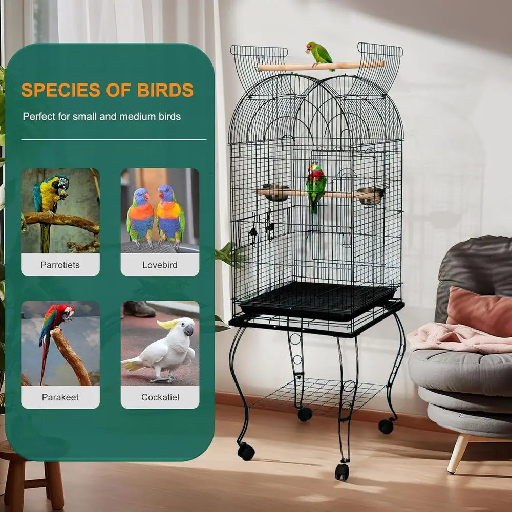 Open-Top Wrought Iron Bird Cage With Slide-Out Tray Stand
