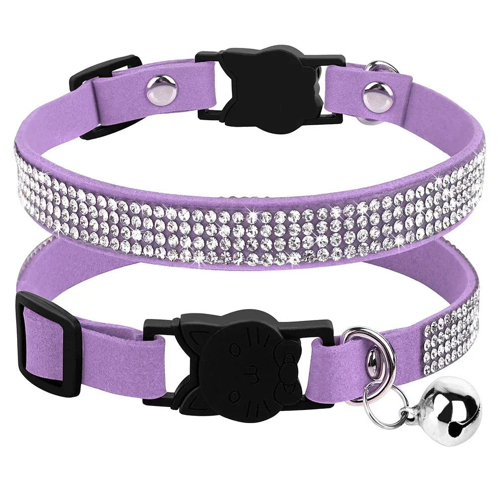Soft Suede Cat Collar With Rhinestones And Bell Breakaway Adjustable