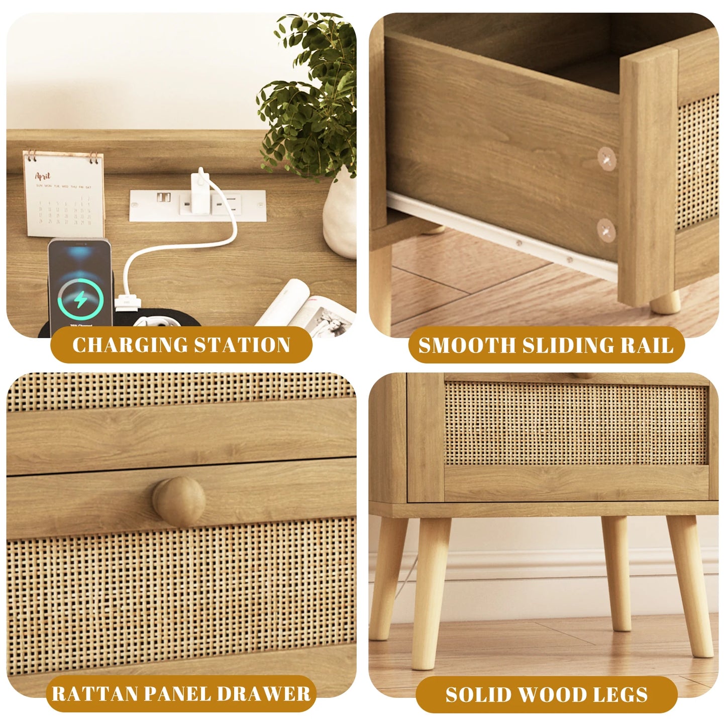 Rattan Nightstand With Charging Station And 2 Drawers, Rustic Bedside Table