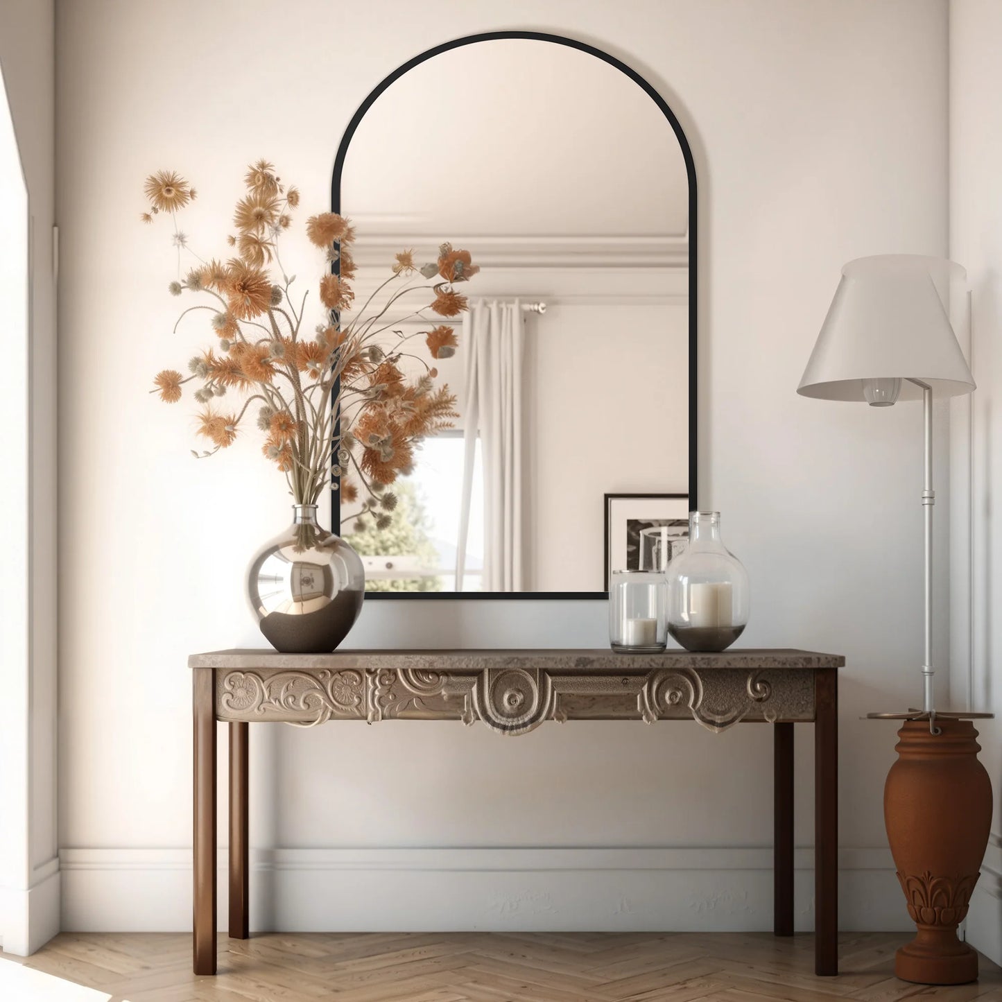 JHK Arched Mirror With Matte Metal Frame For Wall Mount
