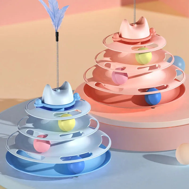 Interactive Cat Toy Tower Kitten Turntable Track Roller Balls With Feather