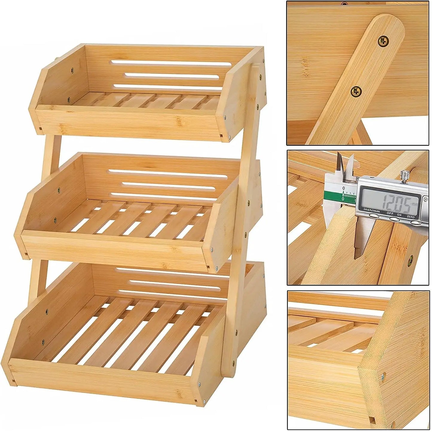 Three-Tier Bamboo Fruit Basket Stand for Countertop Display