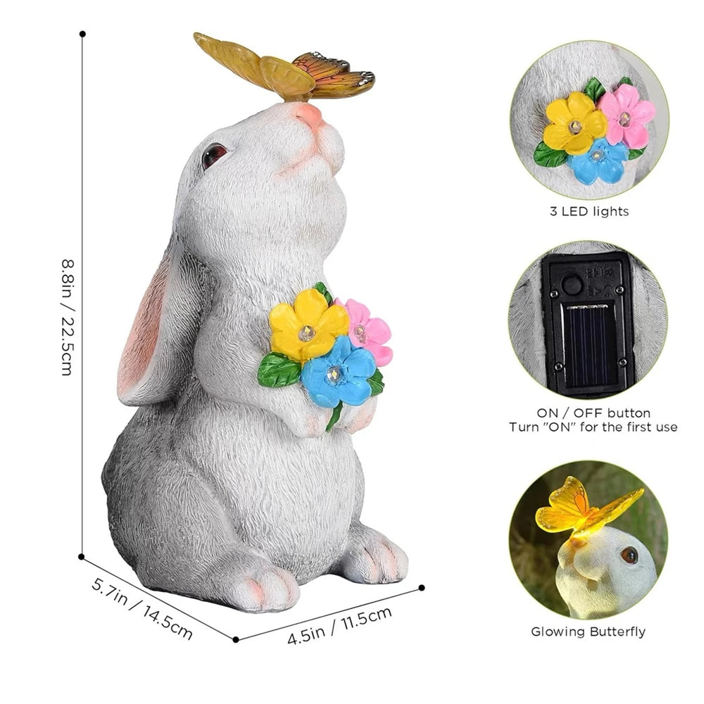 Solar Bunny Statue Garden Decor With Butterfly LED Light