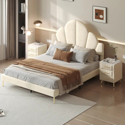 3 Piece Velvet Upholstered Bed Frame With Petal Headboard And Nightstands