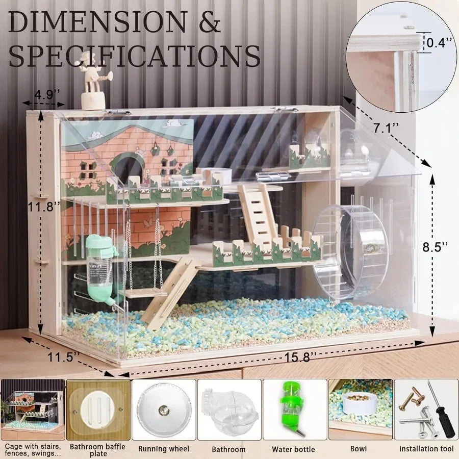 NONECN Wooden Hamster Cage With Accessories Pastoral Style Multi Level