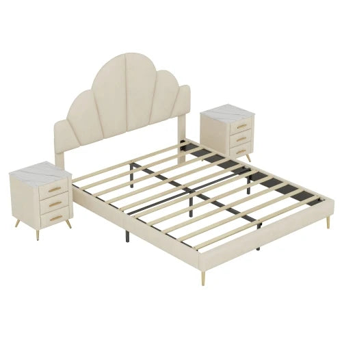 3 Piece Velvet Upholstered Bed Frame With Petal Headboard And Nightstands