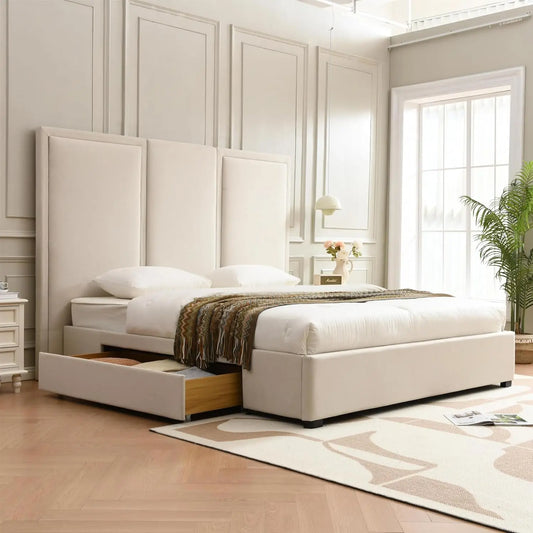 Upholstered Platform Bed With Tall Headboard And Wood Slats