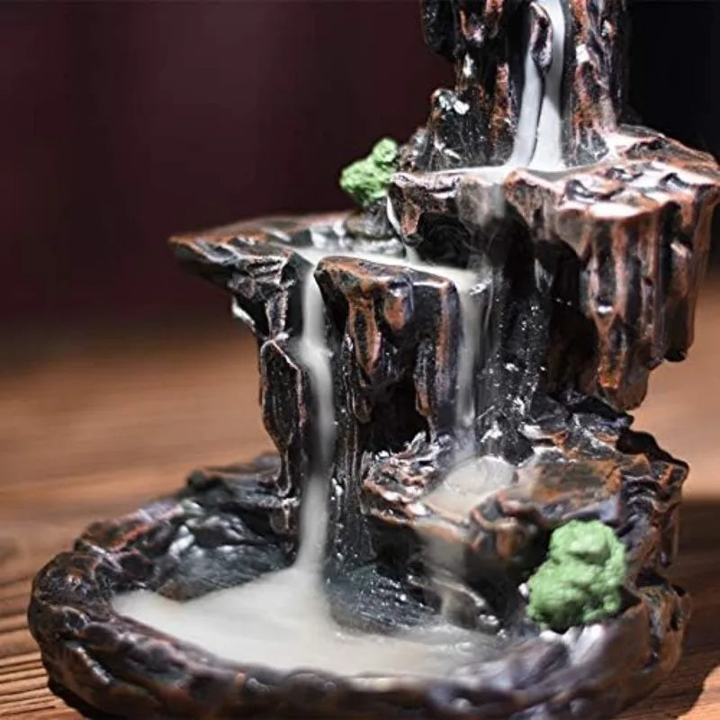 Waterfall Monk Incense Burner Mountain Tower for Home Office Yoga Aromatherapy