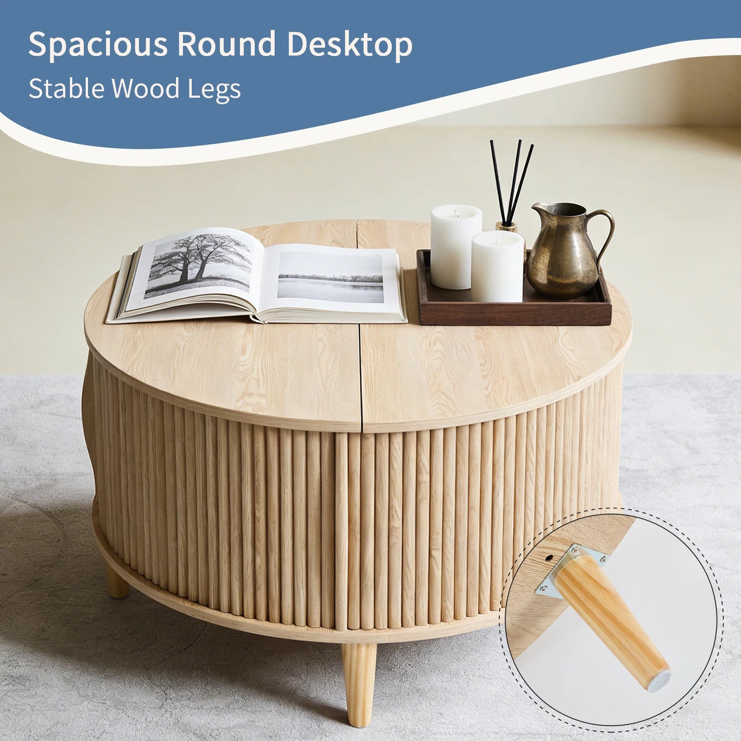 JHK Round Coffee Table With Flip Top Storage Sturdy Wood